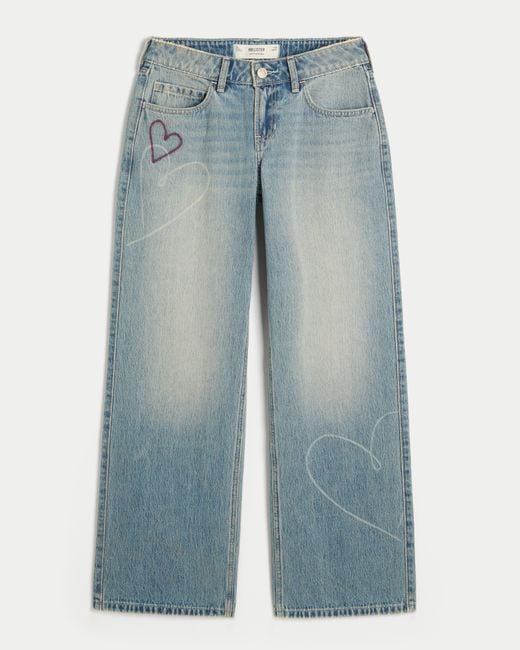 Hollister Blue Low-rise Medium Wash Heart Embroidery Baggy Jeans