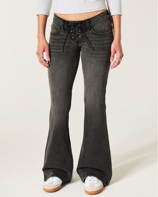 Hollister Ultra Low-rise Washed Black Lace-up Flare Jeans
