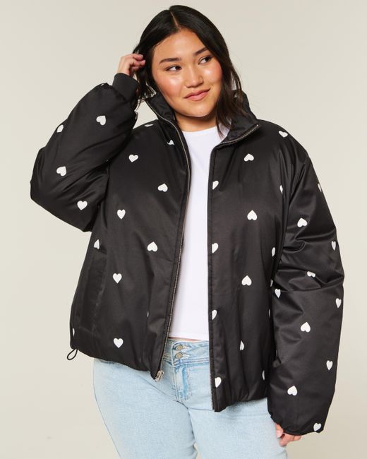 Hollister Black Zip-up Pattern Puffer Jacket