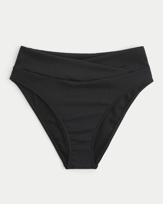 Hollister Black Gerippte Bikinihose mit hoher überkreuzter Taille