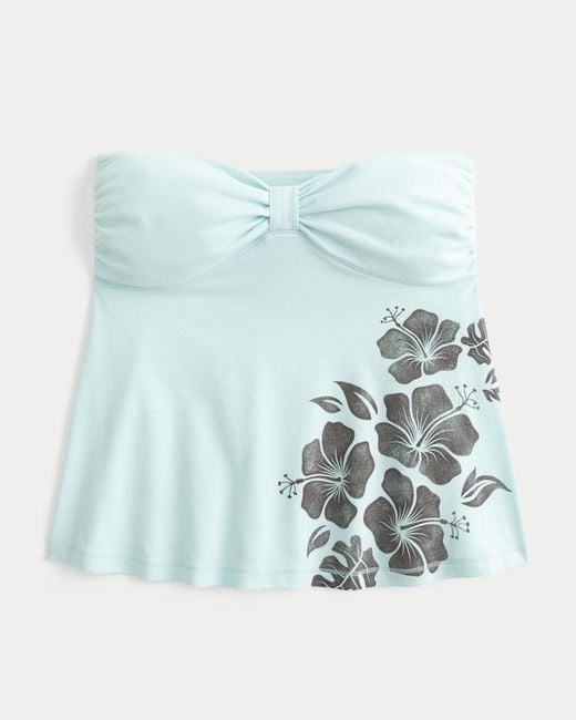 Hollister Blue Strapless Floral Graphic Babydoll Top