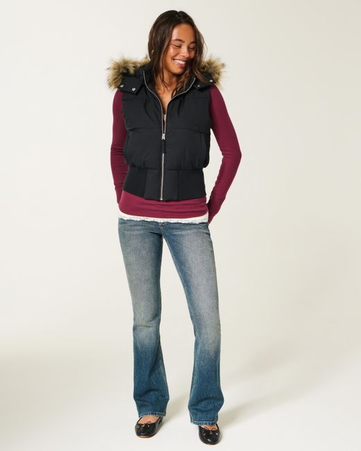 Hollister Black Faux Fur Trim Hooded Y2k Vest