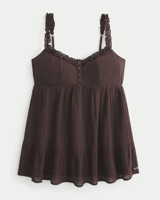 Hollister Longline Ruffle Icon Tunic Babydoll Top in Brown | Lyst UK