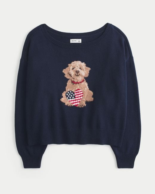 Hollister Blue Easy Off-the-shoulder Dog Graphic Sweater