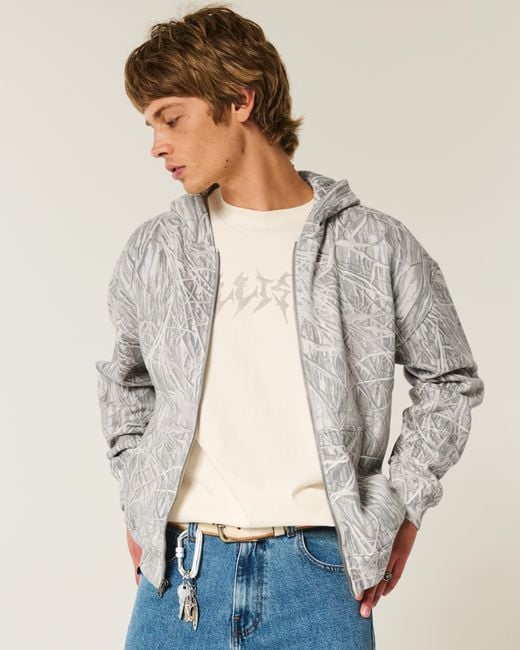 Hollister Gray Boxy Camo Zip-up Hoodie for men