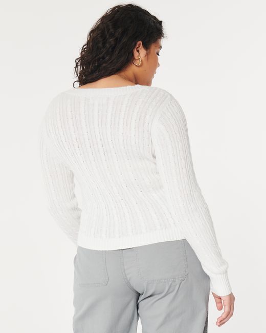 Hollister White Cable-knit V-neck Sweater
