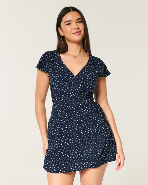 Hollister Blue Short-sleeve Wrap Mini Dress