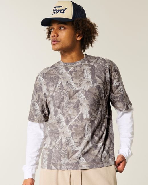 Hollister Gray Boxy Heavyweight Camo Crew T-shirt for men