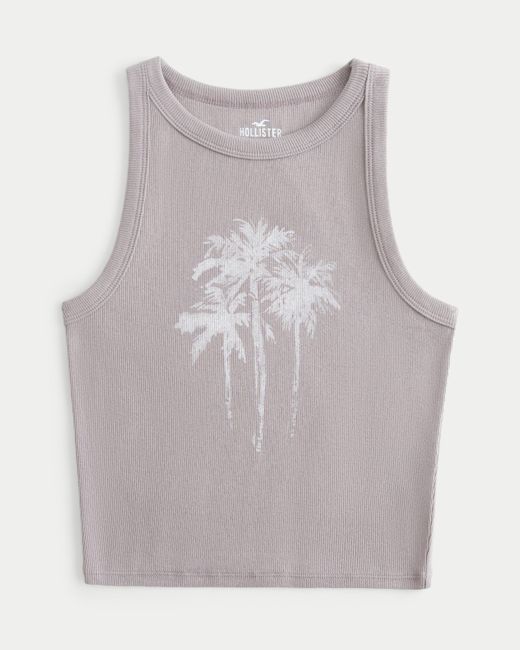 Hollister Gray Ribbed Palm Tree Graphic Tank