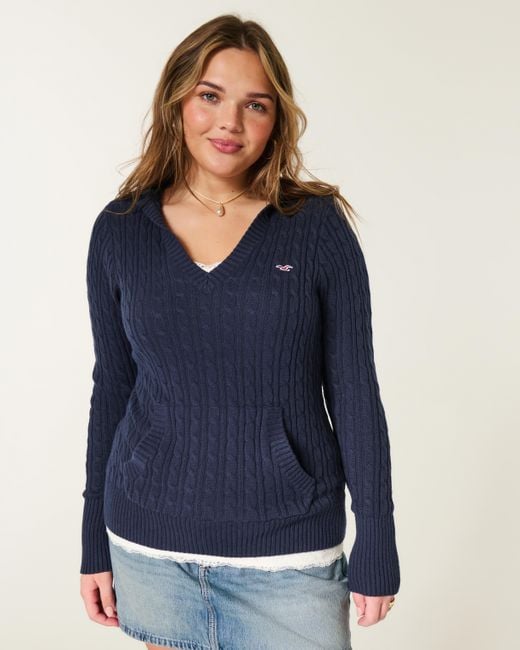 Hollister Blue Cable-knit V-neck Hoodie Sweater