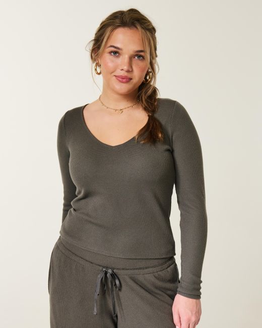 Hollister Brown Gilly Hicks Always Cozy Waffle V-neck Long-sleeve Top