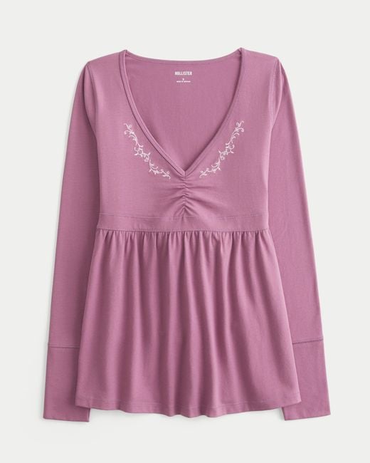 Hollister Purple Long-sleeve Pinch Bust Babydoll Top
