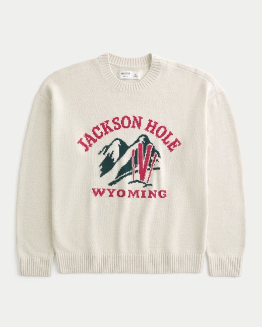 Hollister White Boxy Jackson Hole Graphic Crew Sweater for men