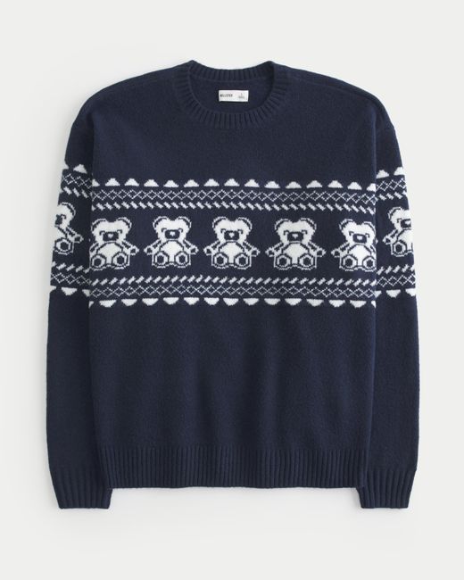 Hollister Blue Fy Cloud Teddy Bear Graphic Crew Sweater