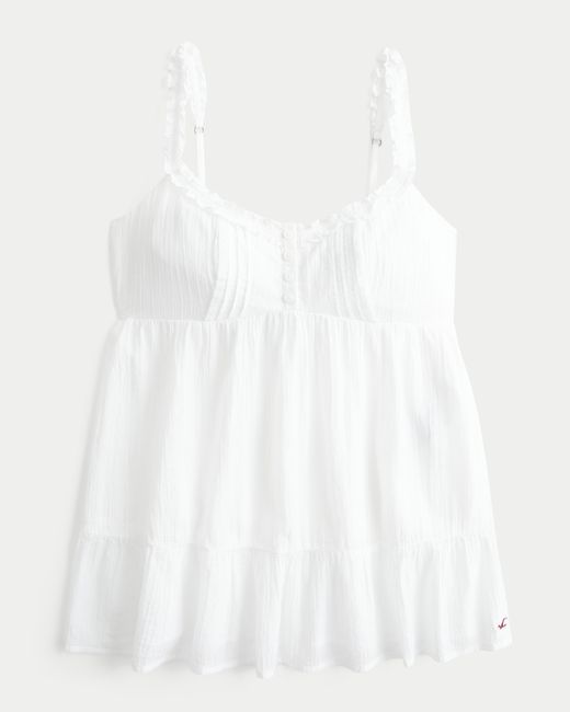 Hollister White Longline Ruffle Icon Tunic Babydoll Top