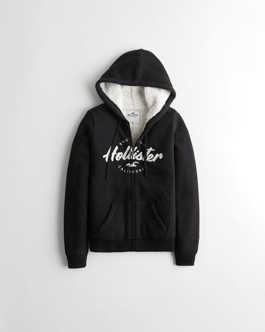 Hollister Sherpa-lined Full-zip Graphic Hoodie in Black | Lyst UK