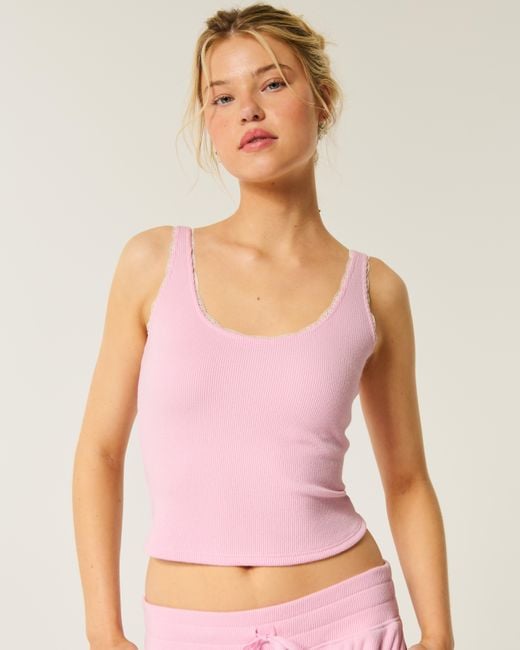 Hollister Pink Gilly Hicks Cozy Waffle Lace Trim Tank