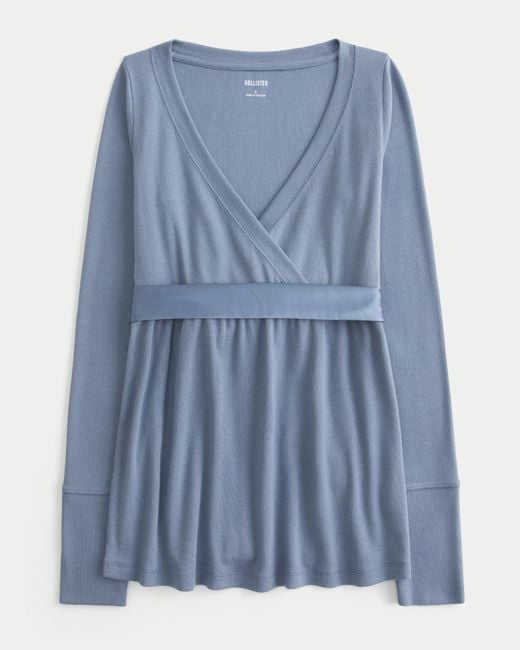 Hollister Blue Easy Long-sleeve Wrap-front Babydoll Top