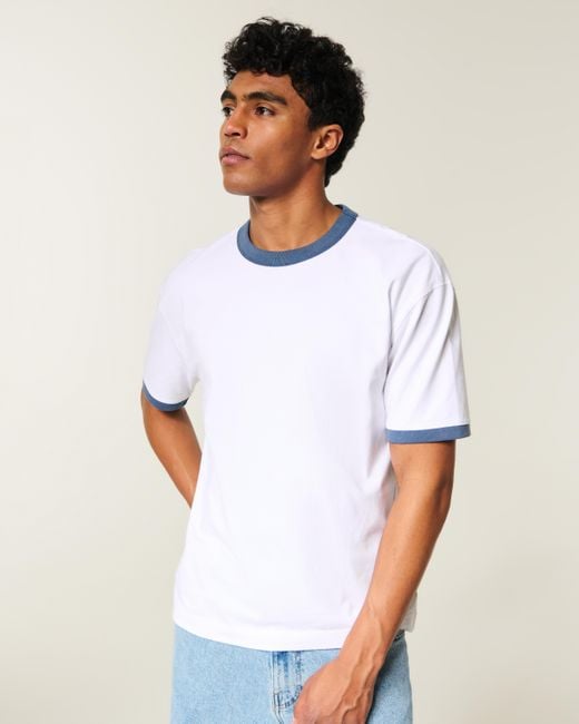 Hollister White Boxy Heavyweight Ringer Crew T-shirt for men