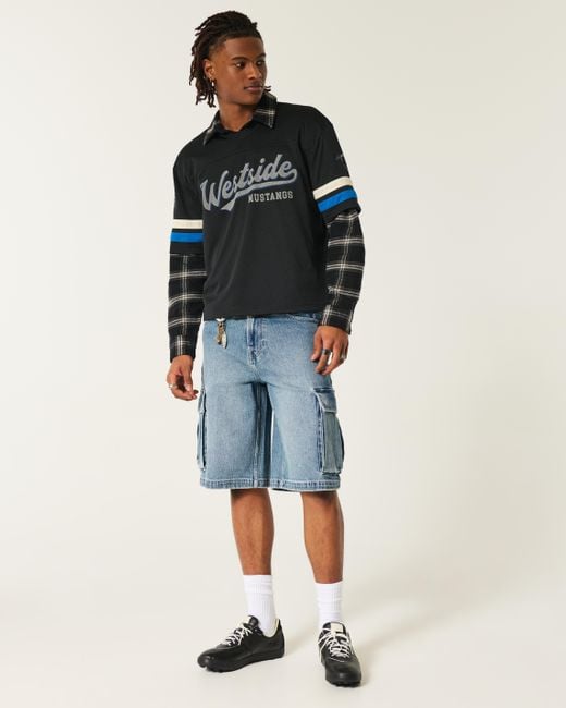 Hollister Blue Medium Wash Super Baggy Denim Cargo Shorts for men