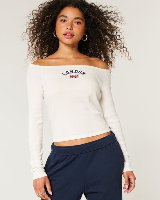 Hollister White Easy Off-the-shoulder London Graphic Tee