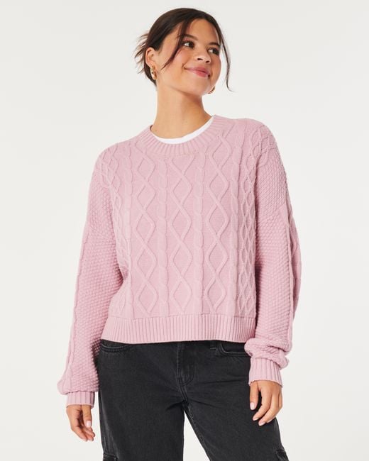 Hollister Boxy Cable knit Crew Sweater in Pink Lyst UK