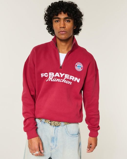 Hollister Red Fc Bayern München Graphic Quarter-zip Sweatshirt for men