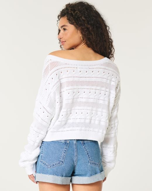 Hollister White Unkomplizierter Pullover im Häkel-Style mit Rundhalsausschnitt