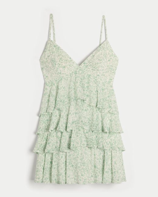 Hollister Green V-neck Ruffled Tier Babydoll Mini Dress
