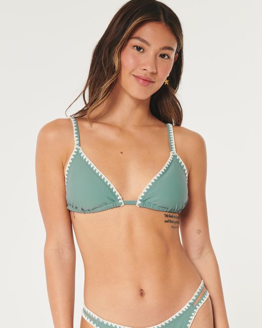 Hollister Green Embroidered Stitch Triangle Bikini Top