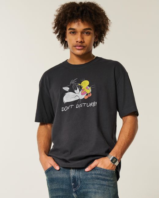 Hollister Black Boxy Heavyweight Looney Tunes Graphic Tee for men