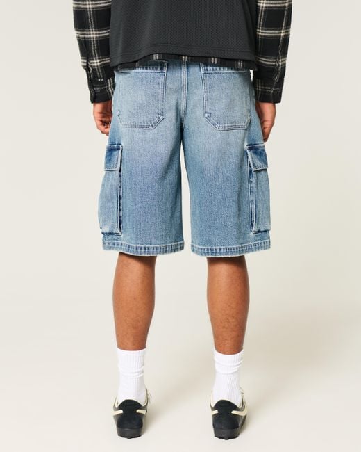 Hollister Blue Medium Wash Super Baggy Denim Cargo Shorts for men