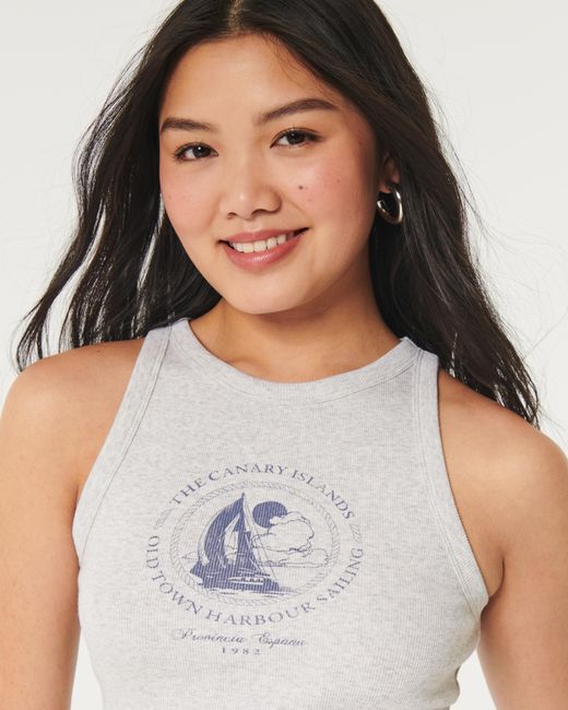 Hollister Gray Ribbed Canary Islands Sailing Graphic High-neck Tank