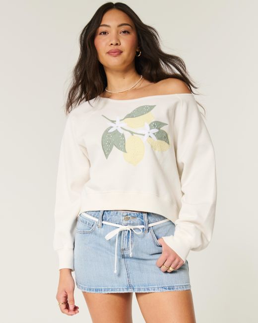 Hollister White Lässiges, schulterfreies Sweatshirt mit Rundhalsausschnitt und Zitronengrafik