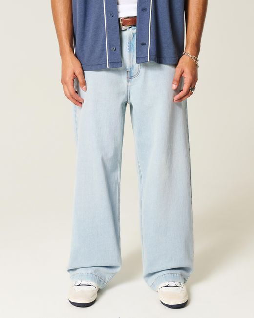 Hollister Blue Light Wash New York Graphic Super Baggy Jeans for men