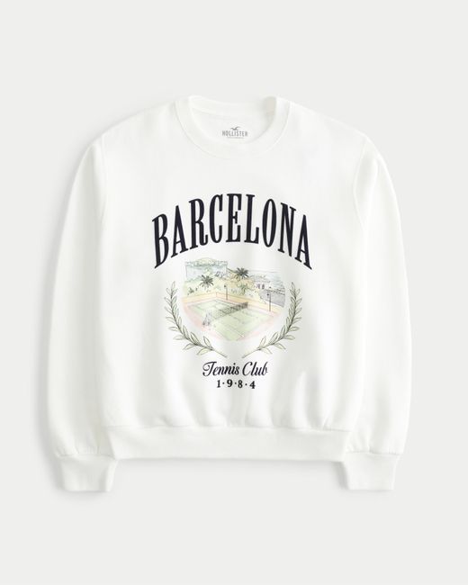 Hollister White Lässiges Sweatshirt mit Rundhalsausschnitt und Barcelona-Grafik