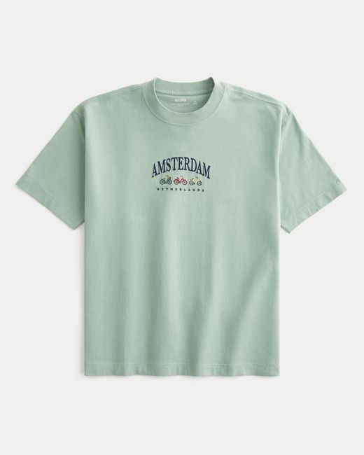 Hollister Green Boxy Heavyweight Amsterdam Graphic Tee for men