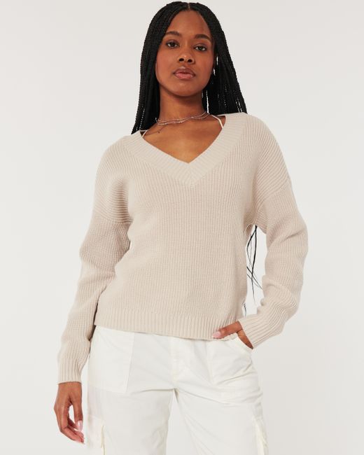 Hollister Natural Oversize-Pullover mit V-Ausschnitt