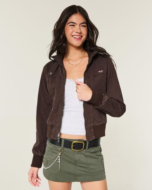 Hollister Brown Zip-up Twill Jacket