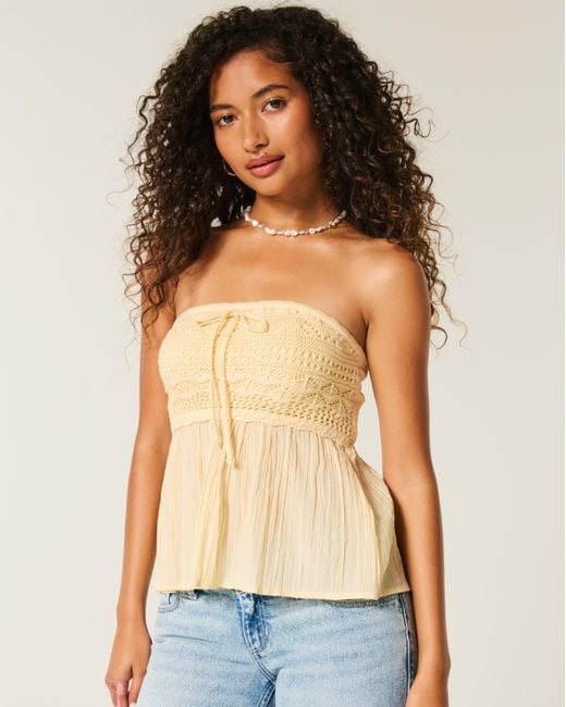 Hollister Natural Easy Strapless Crochet Mix Babydoll Top