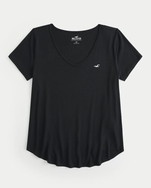 Hollister Black Lässiges T-Shirt mit V-Ausschnitt und Symbol