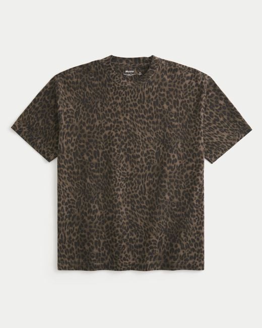Hollister Green Boxy Heavyweight Leopard Print Cotton Crew T-shirt for men
