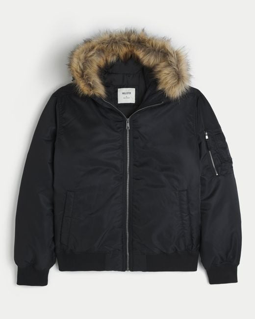 Hollister Black Faux Fur Trim Zip-up Bomber Jacket for men