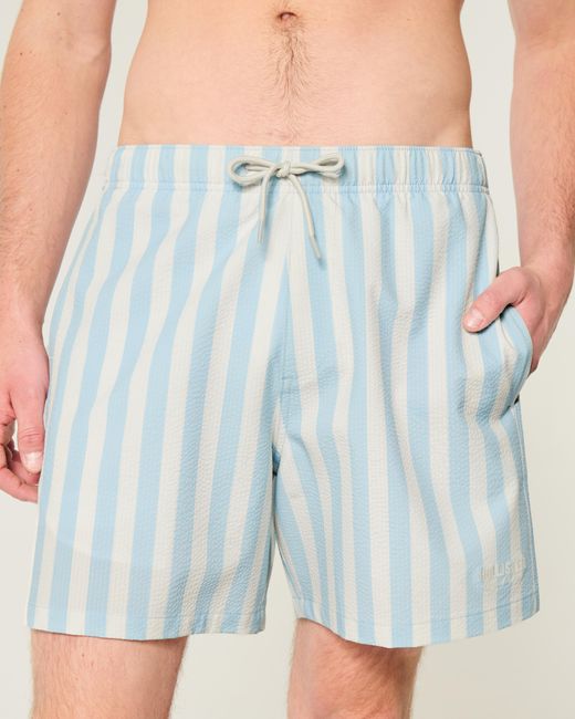 Hollister Volley Seersucker-Badeshorts, reicht bis zur Mitte des Oberschenkels in Blue für Herren
