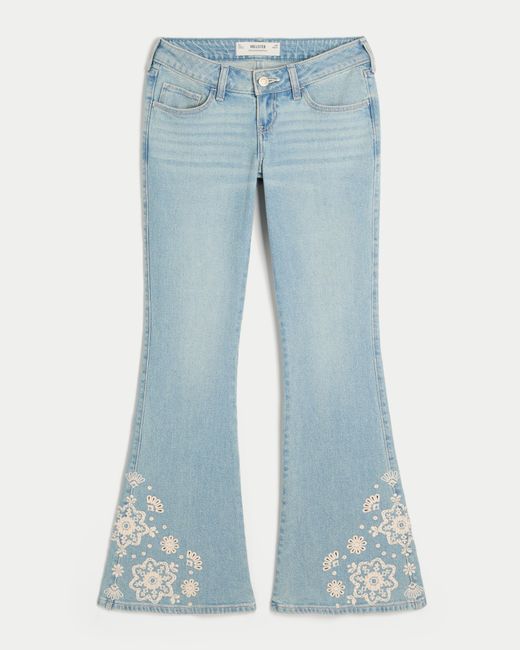 Hollister Blue Ultra Low-rise Light Wash Floral Embroidery Flare Jeans
