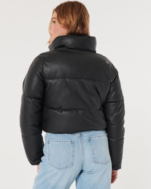 Hollister Ultimate Vegan Leather Mini Puffer Jacket in Black | Lyst UK
