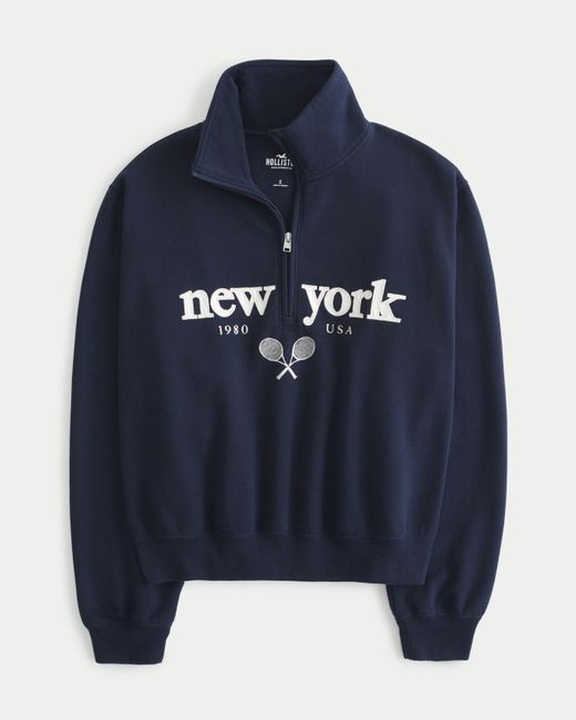 Hollister Blue Lässiges Sweatshirt mit kurzem Reißverschluss und New-York-Grafik