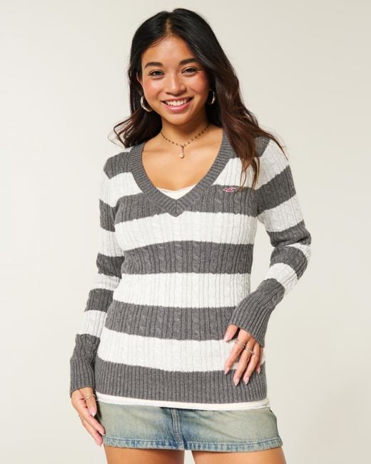Hollister Gray Cable-knit Icon V-neck Sweater