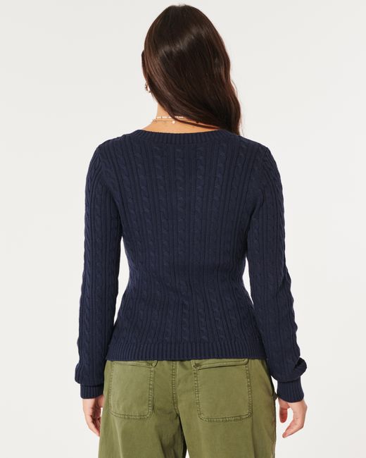 Hollister Blue Cable-knit V-neck Sweater