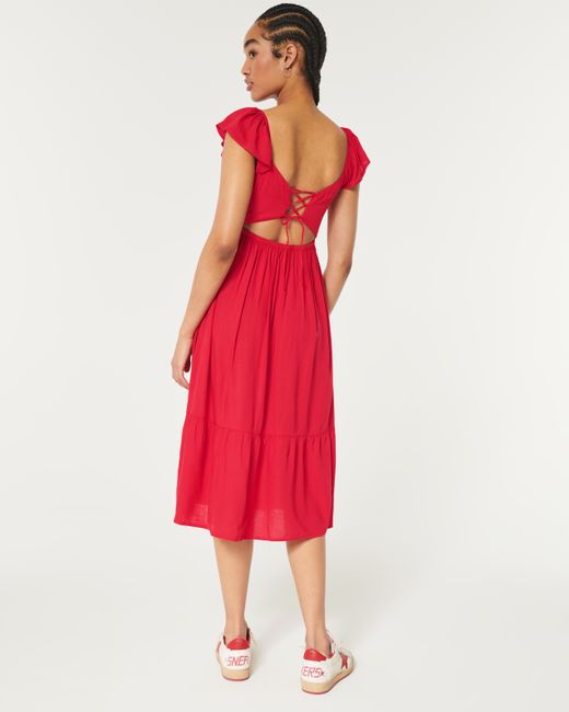 Hollister Red Lace-up Back Midi Dress